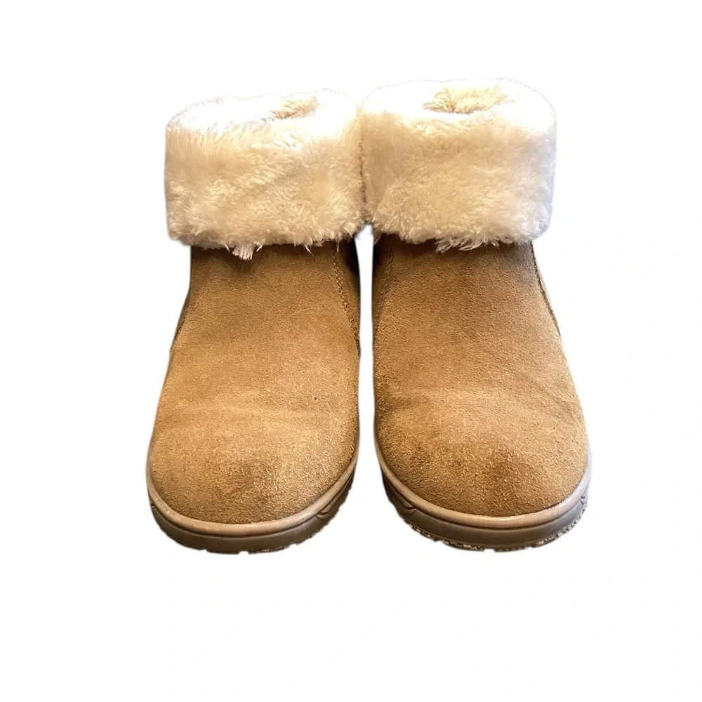 Minnetonka Torrey Tan Brown Suede Faux Fur Lined Ankle Boots Women 8 Comfort EUC - Picture 3 of 8
